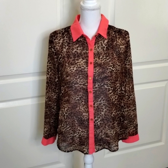 Moon Collection button up blouse leopard with coral trim medium long sleeve - Picture 1 of 10
